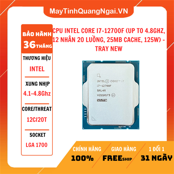 CPU INTEL CORE I7-12700F (UP TO 4.8GHZ, 12 NHÂN 20 LUỒNG, 25MB CACHE, 125W) - TRAY NEW