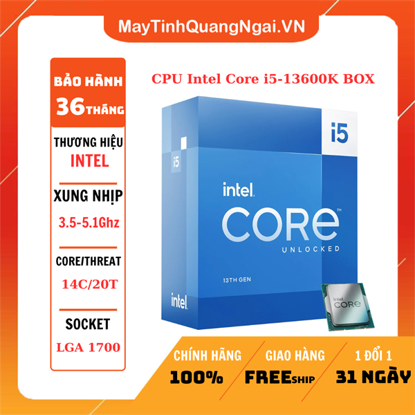 CPU Intel Core i5-13600K BOX (3.50 Ghz, up to 5.10GHz, 14 Nhân 20 Luồng, 24 MB Cache, Raptor Lake)