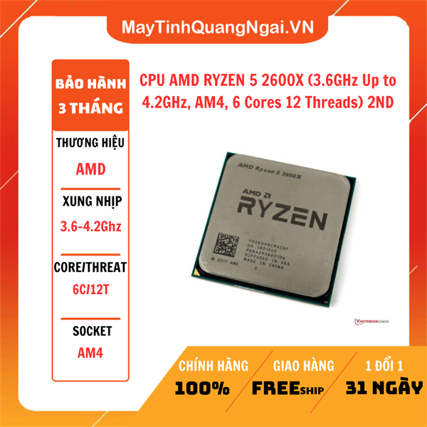 CPU AMD RYZEN 5 2600X (3.6GHz Up to 4.2GHz, AM4, 6 Cores 12 Threads) 2ND