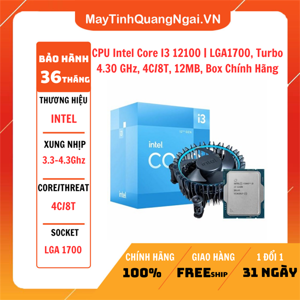 CPU Intel Core I3 12100 | LGA1700, Turbo 4.30 GHz, 4C/8T, 12MB, Box Chính Hãng