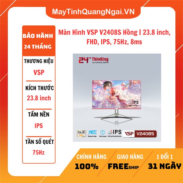 MÀN HÌNH LCD 24 inch VSP V2408S Hồng | 23.8 inch, FHD, IPS, 75Hz, 8ms