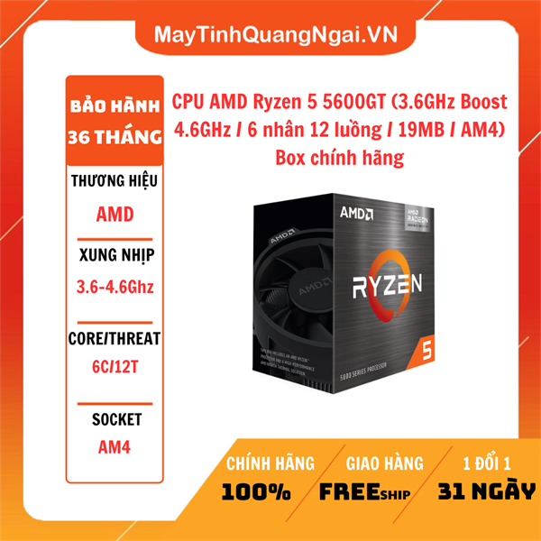 CPU AMD Ryzen 5 5600GT (3.6GHz Boost 4.6GHz / 6 nhân 12 luồng / 19MB / AM4) Box chính hãng
