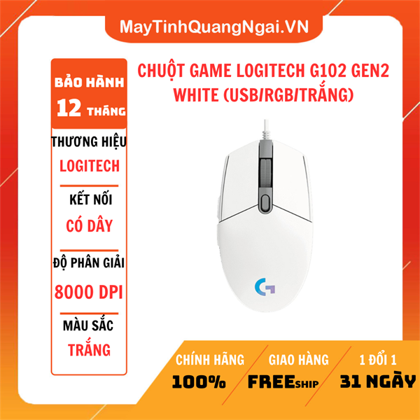 CHUỘT GAME LOGITECH G102 GEN2 WHITE (USB/RGB/TRẮNG)