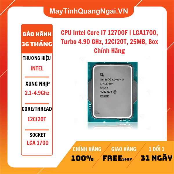 CPU Intel Core I7 12700F | LGA1700, Turbo 4.90 GHz, 12C/20T, 25MB, Box Chính Hãng