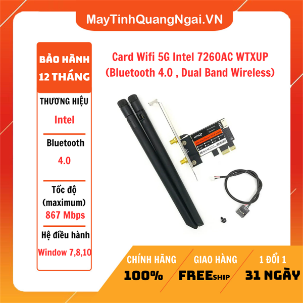 Card Wifi 5G Intel 7260AC WTXUP (Bluetooth 4.0 , Dual Band Wireless)