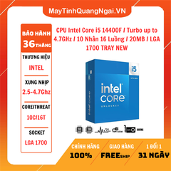 CPU Intel Core i5 14400F / Turbo up to 4.7GHz / 10 Nhân 16 Luồng / 20MB / LGA 1700 TRAY NEW