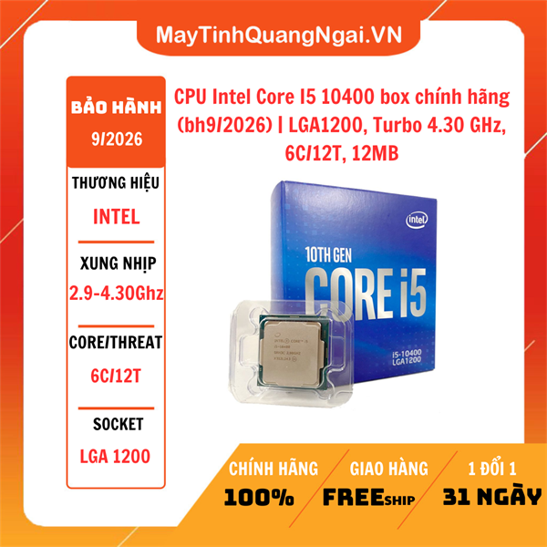 CPU Intel Core I5 10400 TRAY NEW | LGA1200, Turbo 4.30 GHz, 6C/12T, 12MB