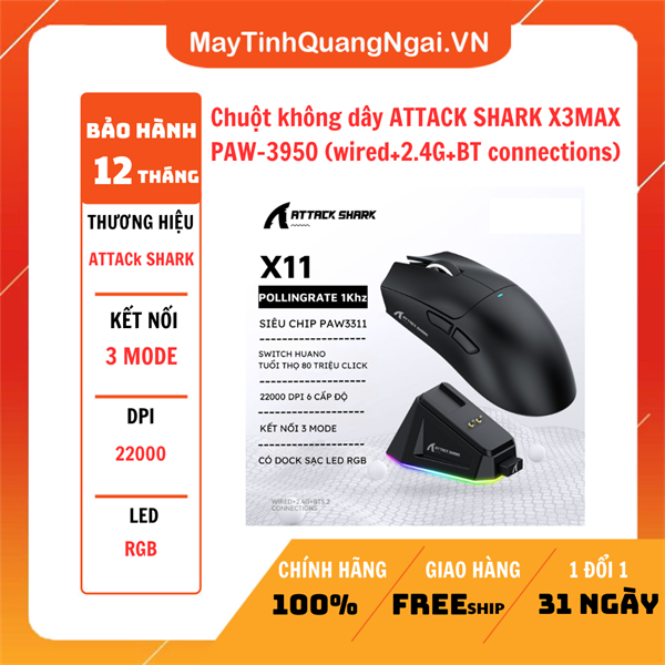 Chuột không dây ATTACK SHARK X3MAX PAW-3950 (wired+2.4G+BT connections)
