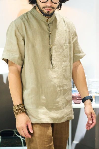 Emdash Men Linen Shirt – Band Collar – Mocha Brown