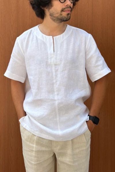 Emdash Men Linen Shirt – Round Neck – White