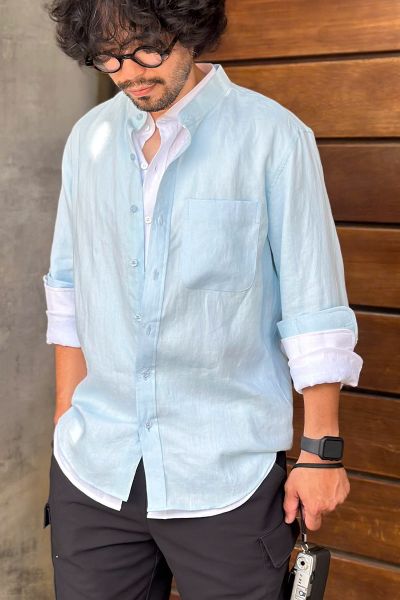 Emdash Men Linen Shirt – Band Collar – Sky Blue