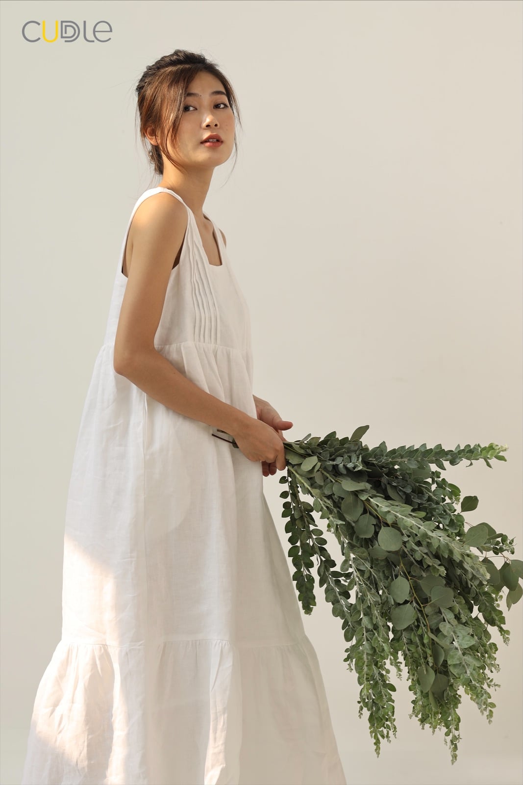 Áo Pleat Maxidress White Pure linen