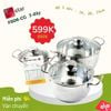  Bộ nồi inox 3 đáy 16, 20, 24cm Fivestar FS06CG vung kính, quai đũa 