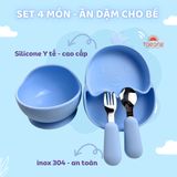  Set bộ 4 món bát thìa dĩa ăn dặm Silicone Taeang (hình con gà Chicken, có đế hít chống đổ) 