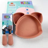  Set bộ 4 món bát thìa dĩa ăn dặm Silicone Taeang (hình cáo Fox, có đế hít chống đổ) 