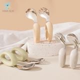  Set thìa nĩa tập xúc silicon uốn cong chống hóc ăn dặm bằng Inox dạng tay cầm cho bé 