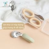  Set thìa nĩa tập xúc silicon uốn cong chống hóc ăn dặm bằng Inox dạng tay cầm cho bé 