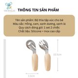  Set thìa nĩa tập xúc silicon uốn cong chống hóc ăn dặm bằng Inox dạng tay cầm cho bé 