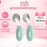  Set thìa nĩa tập xúc silicon uốn cong chống hóc ăn dặm bằng Inox dạng tay cầm cho bé 