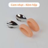  Set thìa nĩa tập xúc silicon uốn cong chống hóc ăn dặm bằng Inox dạng tay cầm cho bé 