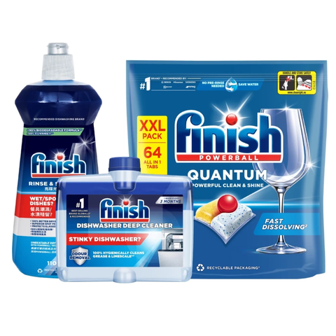 Combo Finish nâng cao 3: Viên Rửa Chén Bát Finish Powerball Quantum 64 viên + Nước làm bóng 500ml + Dung dịch vệ sinh máy