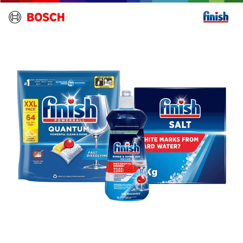 Combo Tiện Lợi 1:  Viên Rửa Chén Bát Finish Powerball Quantum 64 viên + Nước làm bóng 500ml + Muối rửa chén 2kg