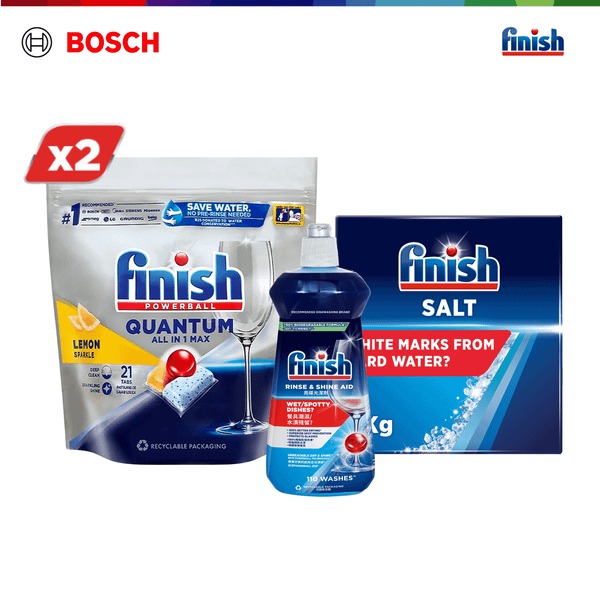 Combo Tiện Lợi 2: 2xViên rửa chén Finish Quantum 21 viên + Nước Làm Bóng 500ml + Muối rửa chén 2kg