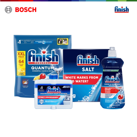 Combo Toàn diện 1: Viên Rửa Chén Bát Finish Powerball Quantum 64 viên + Nước làm bóng 500ml + Dung dịch vệ sinh máy + Muối rửa chén 2kg