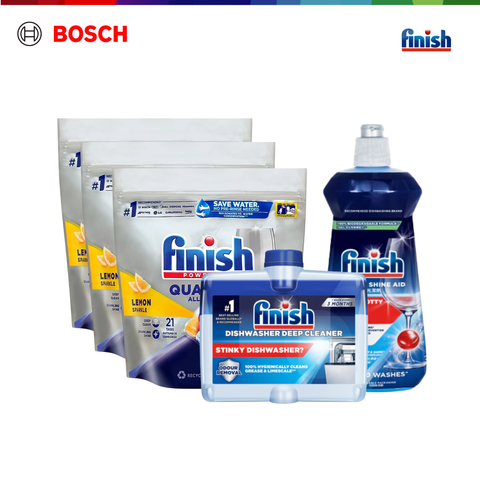 Combo Nâng Cao: Bộ 3 túi viên rửa chén Quantum 21 viên + Nước Làm Bóng Finish 500ml + Dung Dịch Tẩy Rửa Máy Rửa Chén Bát