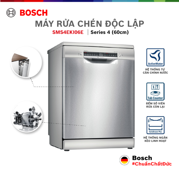 Máy Rửa Chén Bát Độc Lập Bosch 13 bộ SMS4EKI06E- Series 4, màu inox bạc