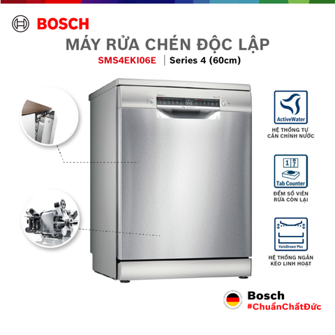 Máy Rửa Chén Bát Độc Lập Bosch 13 bộ SMS4EKI06E- Series 4, màu inox bạc