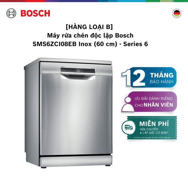 [HÀNG LOẠI B] [NHẬP MÃ HANGB5TR] Máy rửa chén độc lập Bosch SMS6ZCI08EB Inox, chống vân tay (60 cm) - Series 6