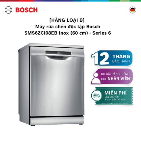 [HÀNG LOẠI B] [NHẬP MÃ HANGB5TR] Máy rửa chén độc lập Bosch SMS6ZCI08EB Inox, chống vân tay (60 cm) - Series 6