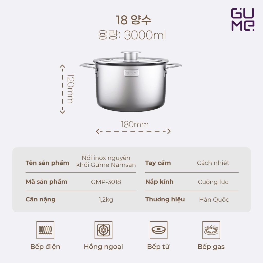 Nồi Inox 18/10 Nguyên Khối Namsan Nồi Lẻ GUME - Bảo hành 1 đổi 1 trong 15 ngày