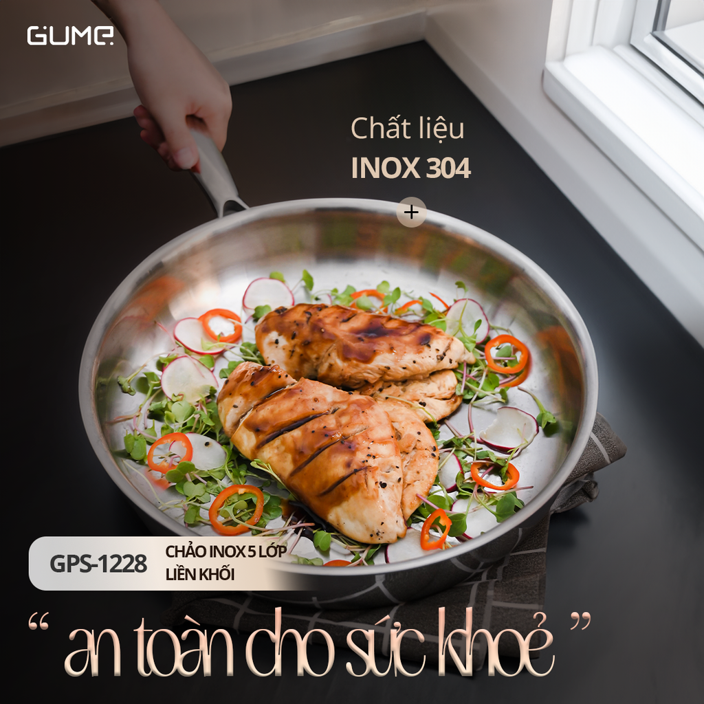 Chảo Inox 5 Lớp Liền Khối 28cm GUME Hàn Quốc-  Bảo hành 1 đổi 1 trong 7 ngày GPS-1228