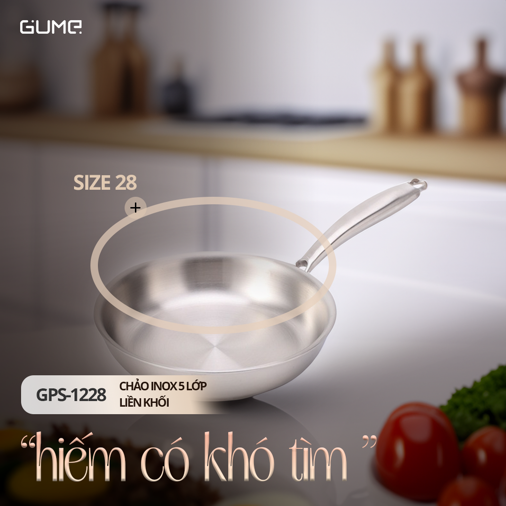 Chảo Inox 5 Lớp Liền Khối 28cm GUME Hàn Quốc-  Bảo hành 1 đổi 1 trong 7 ngày GPS-1228