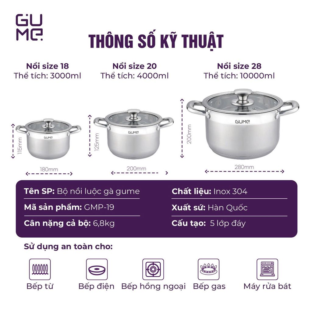 Bộ 3 Nồi Luộc Gà GMP-19 GUME Hàn Quốc - Bảo hành 1 đổi 1 trong 7 ngày
