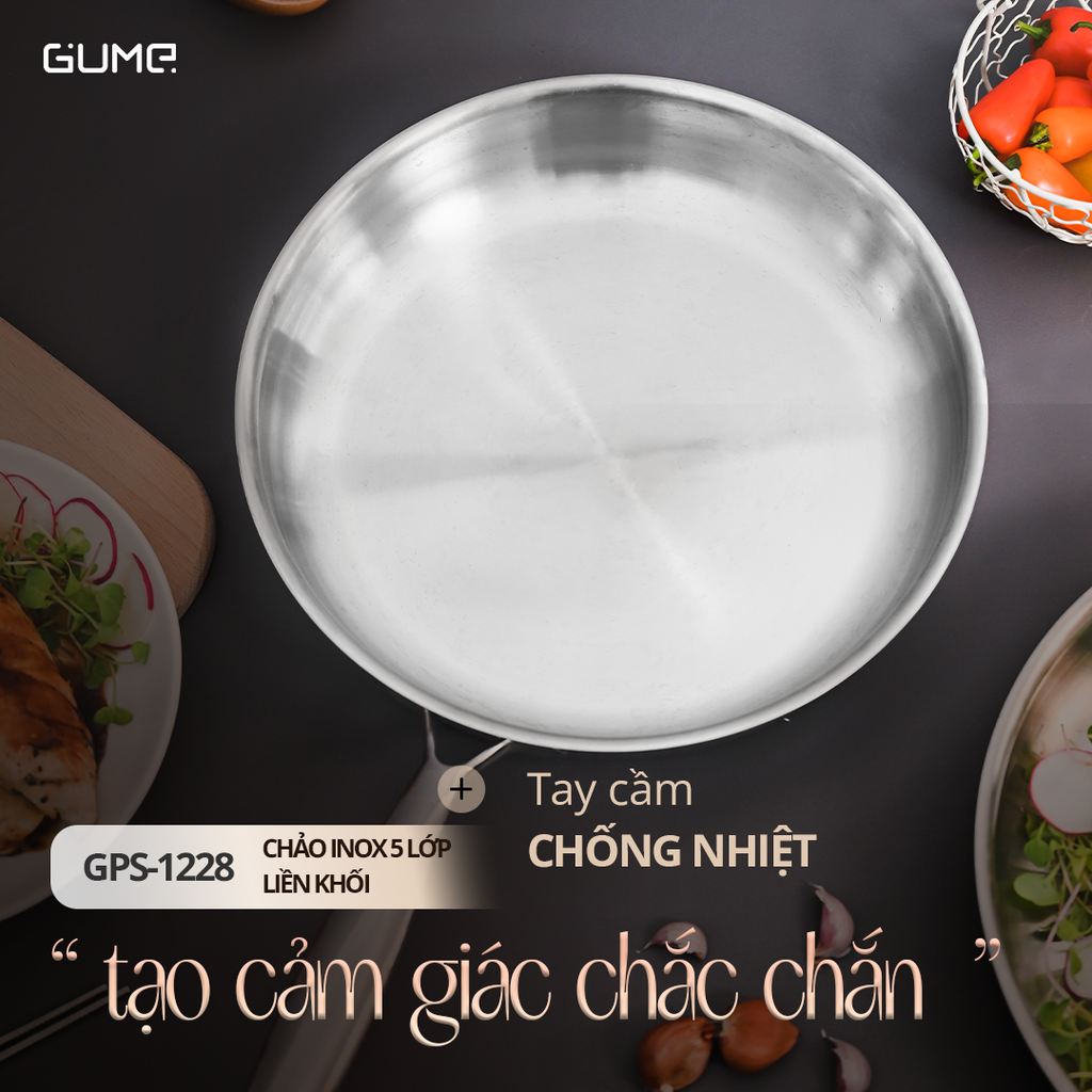 Chảo Inox 5 Lớp Liền Khối 28cm GUME Hàn Quốc-  Bảo hành 1 đổi 1 trong 7 ngày GPS-1228