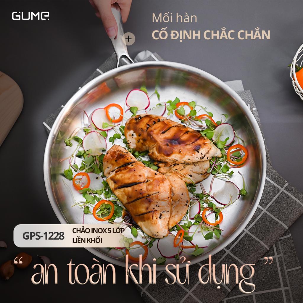 Chảo Inox 5 Lớp Liền Khối 28cm GUME Hàn Quốc-  Bảo hành 1 đổi 1 trong 7 ngày GPS-1228