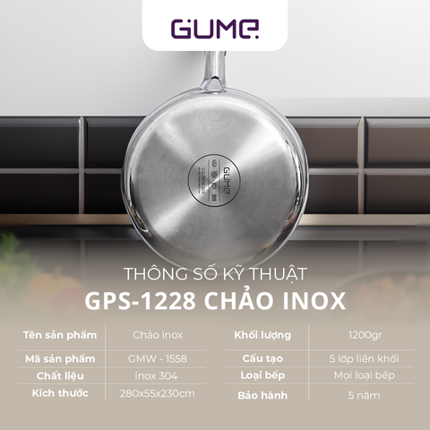  Chảo Inox 5 Lớp Liền Khối 28cm GUME KOREA-  Bảo hành 1 đổi 1 trong 7 ngày GPS-1228 