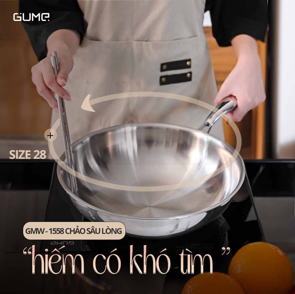 Chảo Sâu Lòng Inox 5 Lớp Liền Khối 28cm GUME Hàn Quốc- GMW-1558 - Bảo hành 1 đổi 1 trong 7 ngày