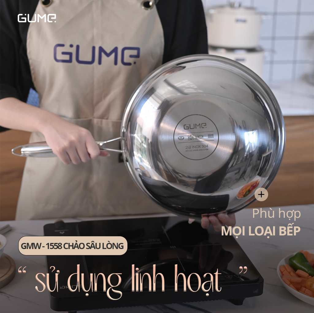 Chảo Sâu Lòng Inox 5 Lớp Liền Khối 28cm GUME Hàn Quốc- GMW-1558 - Bảo hành 1 đổi 1 trong 7 ngày