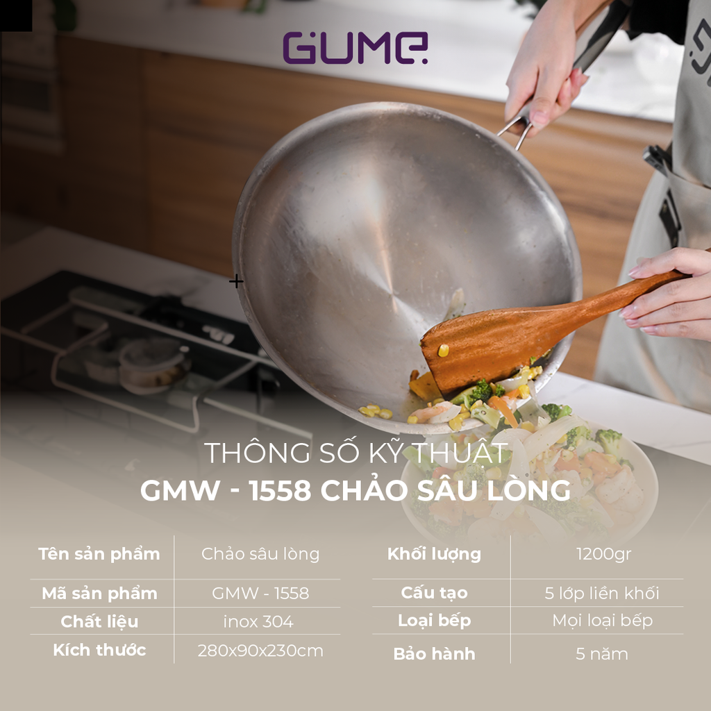 Chảo Sâu Lòng Inox 5 Lớp Liền Khối 28cm GUME Hàn Quốc- GMW-1558 - Bảo hành 1 đổi 1 trong 7 ngày