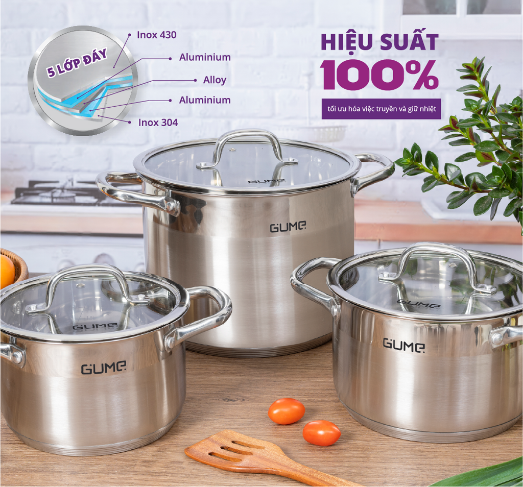 Bộ Nồi Chảo Inox đáy 5 Lớp GMPPS-2201 GUME Hàn Quốc - Bảo hành 1 đổi 1 trong 14 ngày (5 sản phẩm)