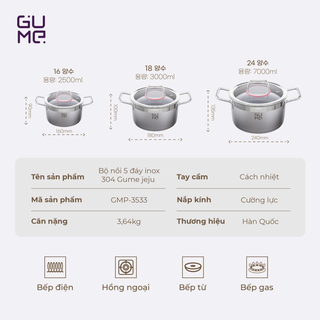 BỘ NỒI JEJU 3PCS (USP) GMP-3533 GUME KOREA - Bảo Hành 1 đổi 1 trong 15 ngày
