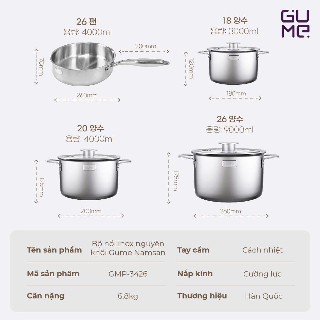 Bộ Nồi Namsan 4PCS GMP-3426 GUME - Bảo hành 1 đổi 1 trong 15 ngày