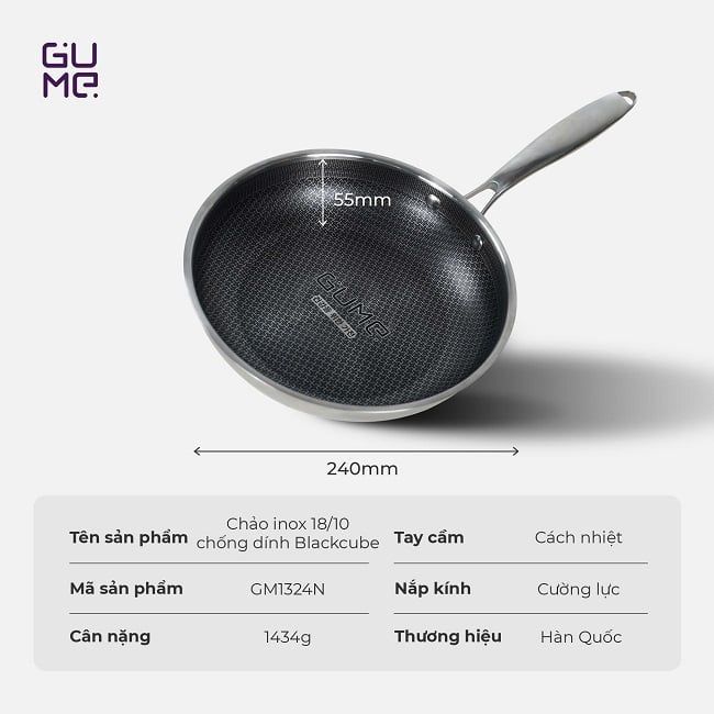 Chảo inox chống dính Black Cube có nắp Gume Korea GM1324N chính hãng giá tốt