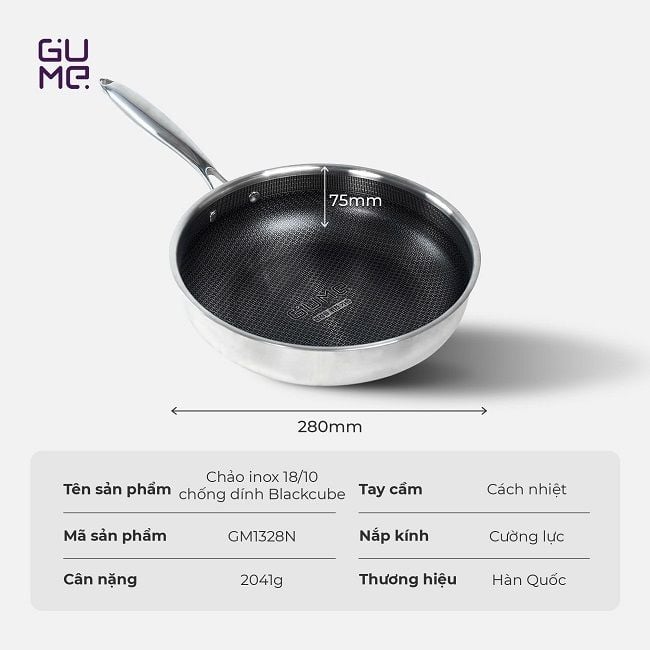 Chảo Inox 18/10 Chống Dính Blackcube Gume Korea GM1328N  - Bảo Hành Chính Hãng 1 đổi 1 trong 15 ngày
