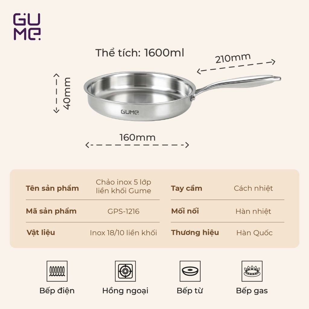 Bộ Chảo Inox 18/10 Nguyên Khối Cao Cấp Gume Hàn Quốc- Bảo hành 1 đổi 1 trong 7 ngày