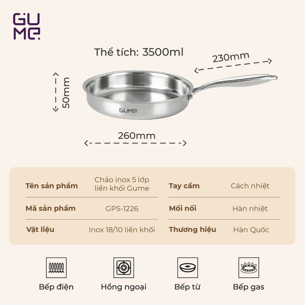 Bộ Chảo Inox 18/10 Nguyên Khối Cao Cấp Gume Hàn Quốc- Bảo hành 1 đổi 1 trong 7 ngày